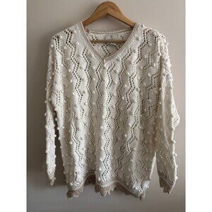 90s Express Tricot White Tan Open Knit Hand knitted Pullover Sweater Large